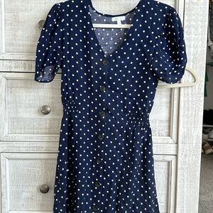 Blue and white polka dot dress